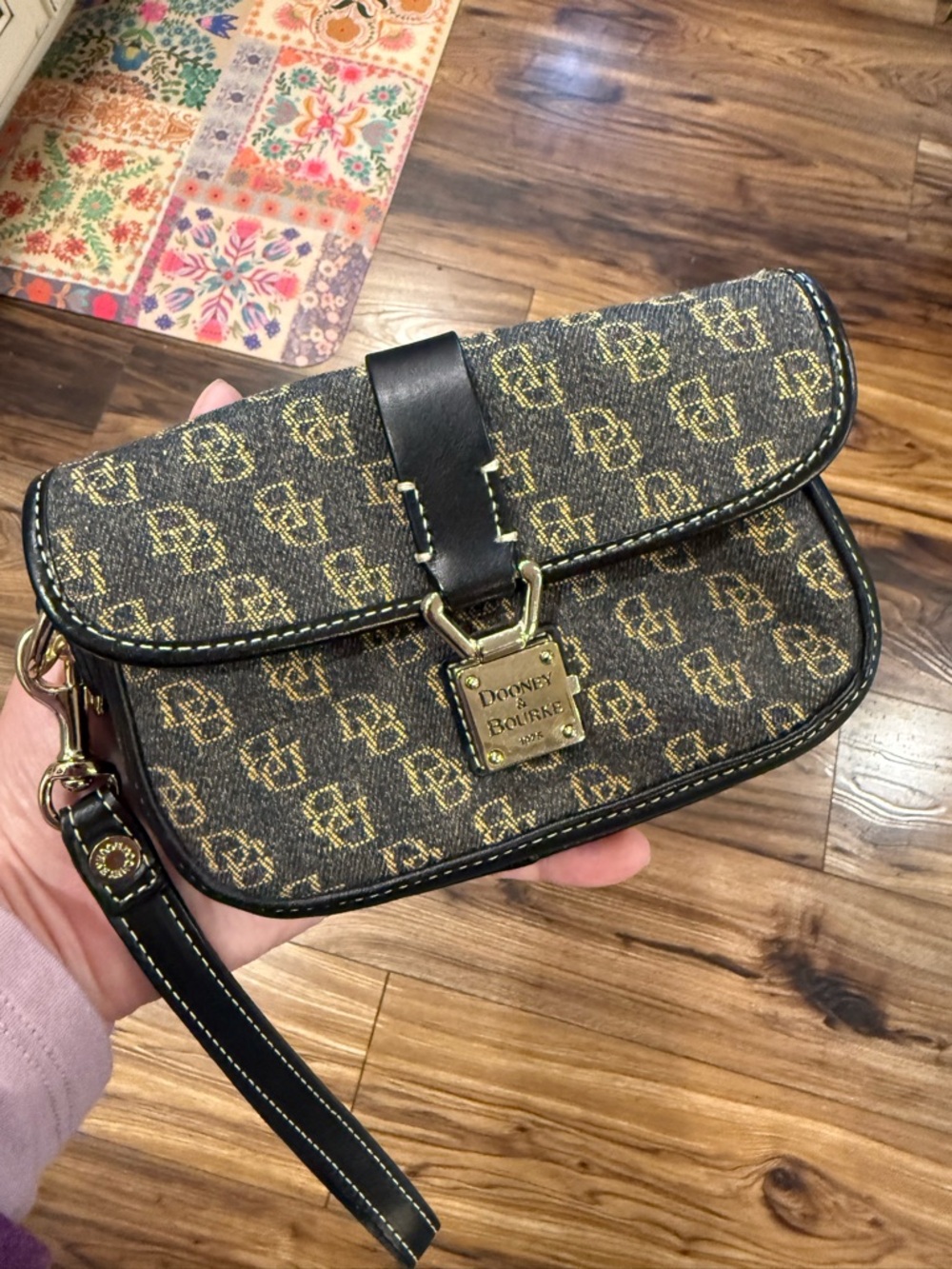 Vintage Dooney & Bourke Brown and Gold Signature Wristlet Clutch